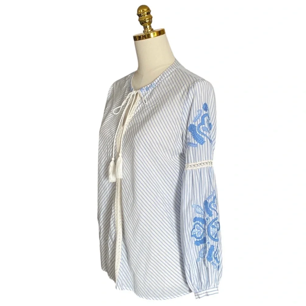 J. MCLAUGHLIN Embroidered Striped Cotton Linen Ballon Sleeve Boho Blouse Size S - Picture 3 of 8